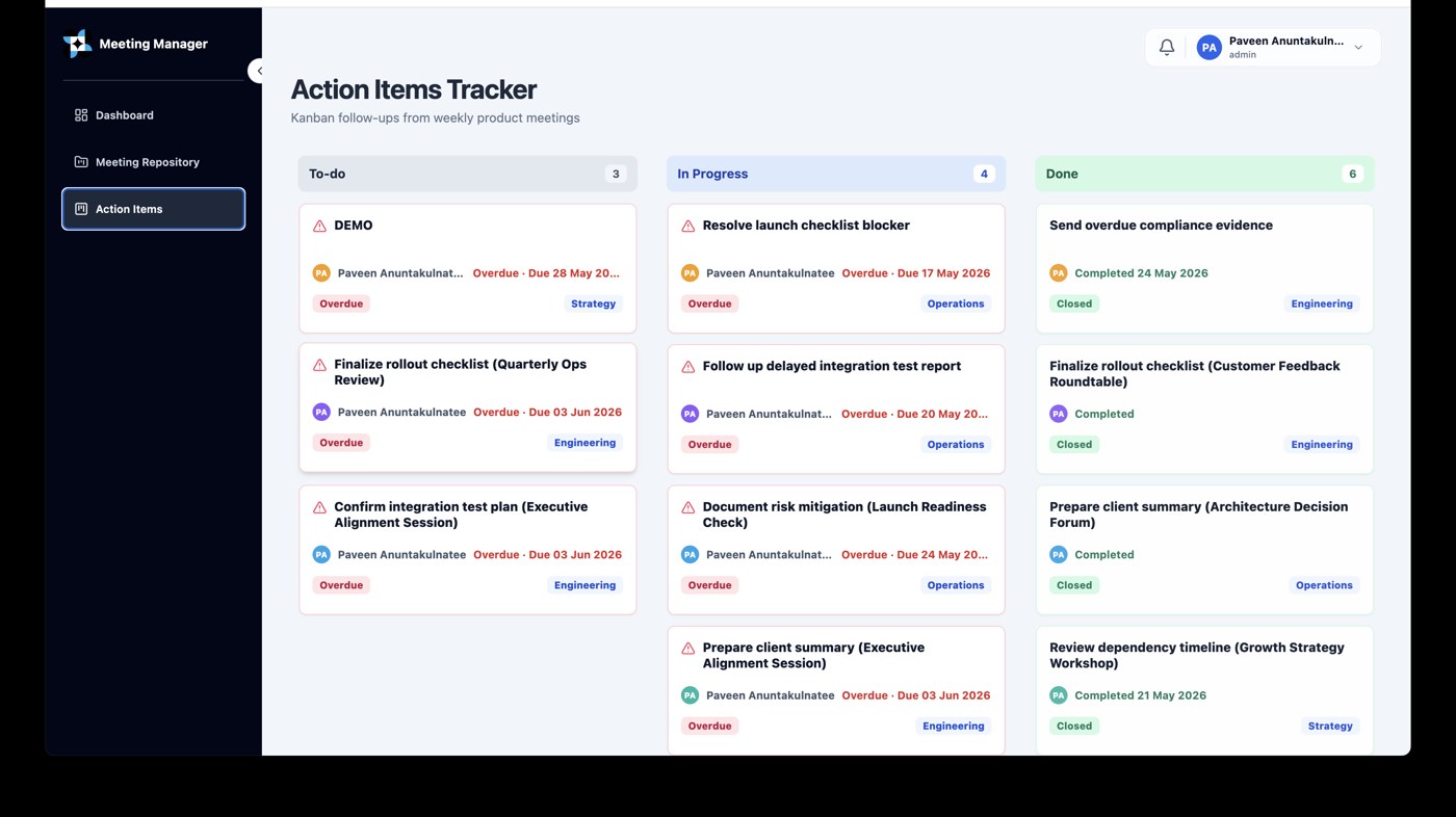Meeting Manager action items board with AI-extracted follow-ups across To-do, In Progress and Done