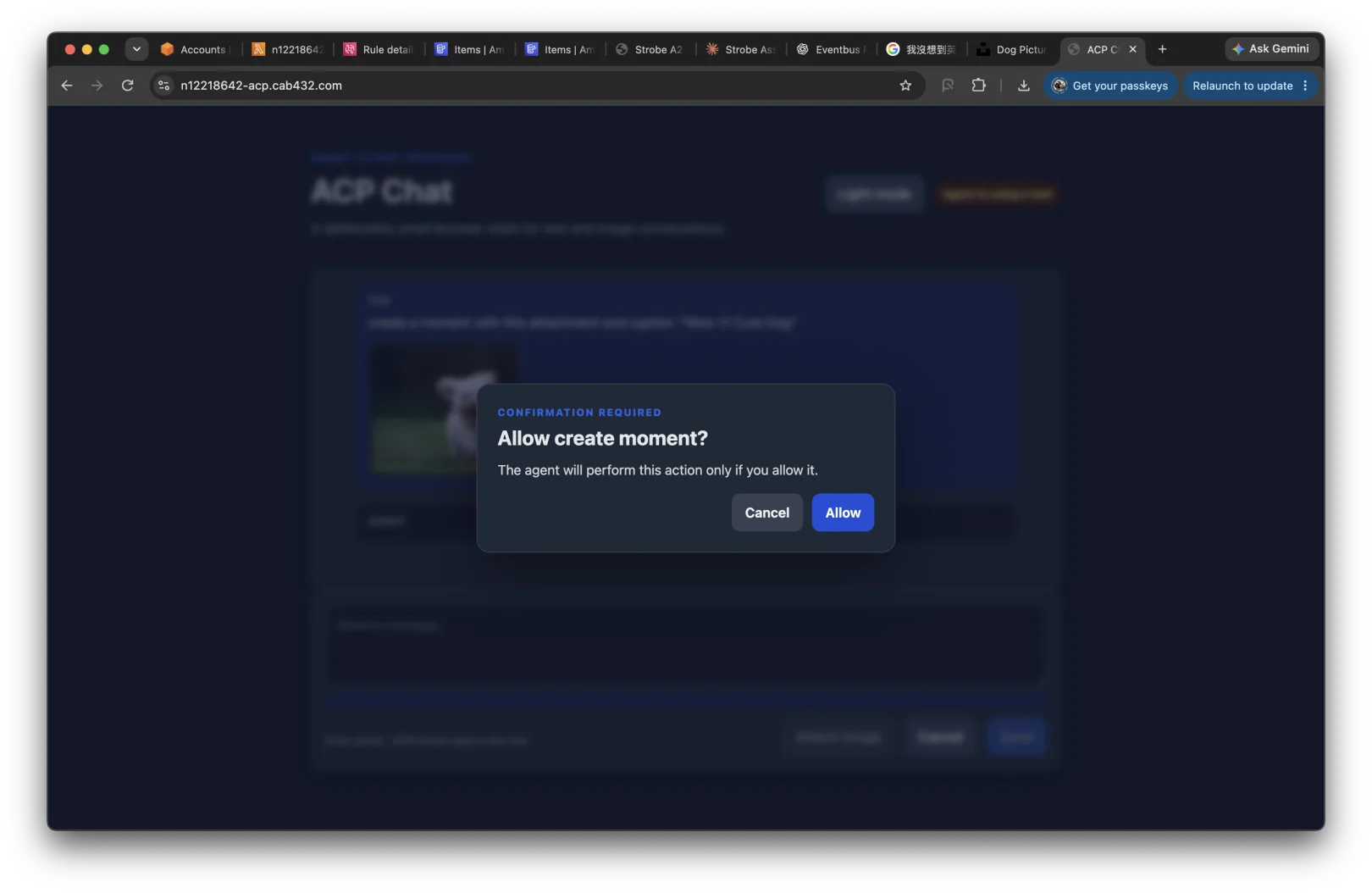 Strobe Assistant asking the user to allow the create moment action