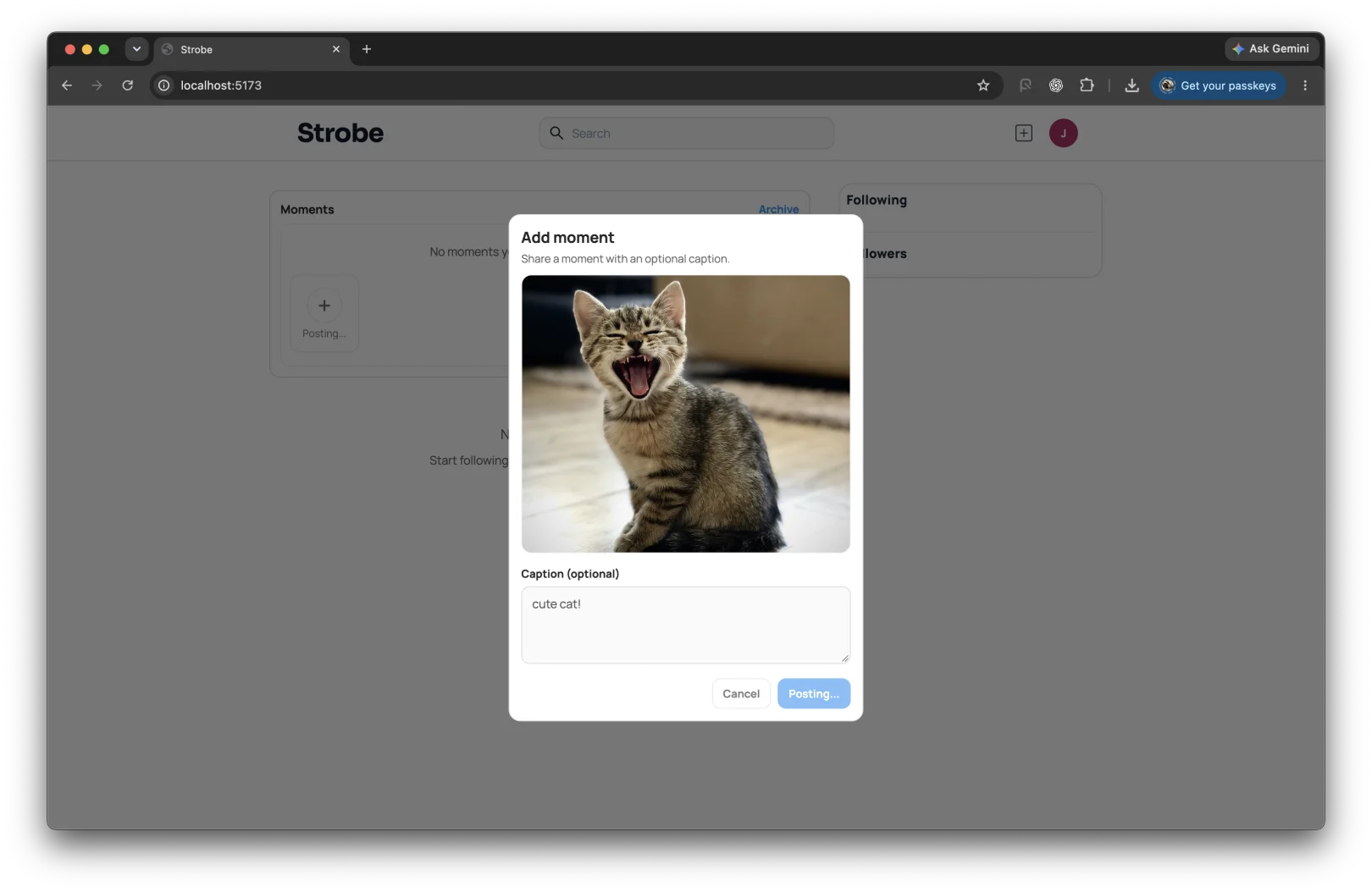 Strobe Add moment dialog with an image preview, caption field and posting button